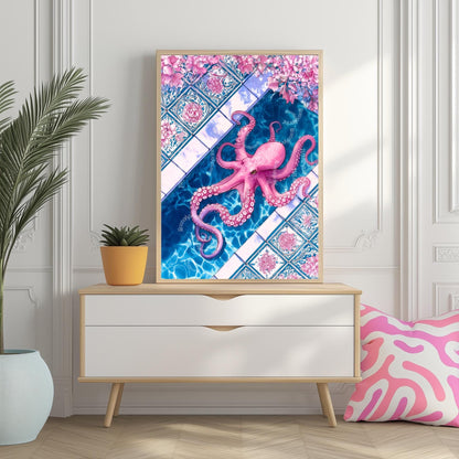 Pink Octopus Poolside Wall Art – Coastal Maximalist Ocean Decor Blue and Pink Tile Art Print Whimsical Bathroom Art Octopus Bathroom Decor