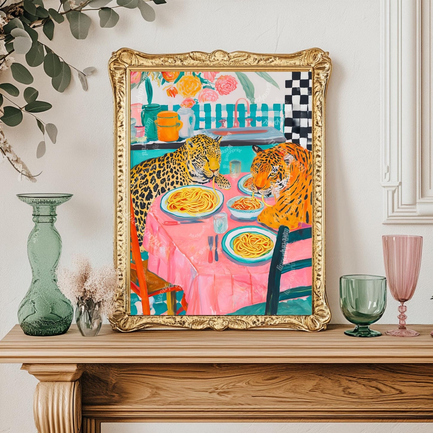 Tiger and Leopard Share Spaghetti Dinner - Big Cat Kitchen Print