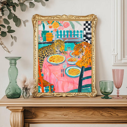 Tiger and Leopard Share Spaghetti Dinner - Big Cat Kitchen Print
