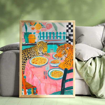 Tiger and Leopard Share Spaghetti Dinner