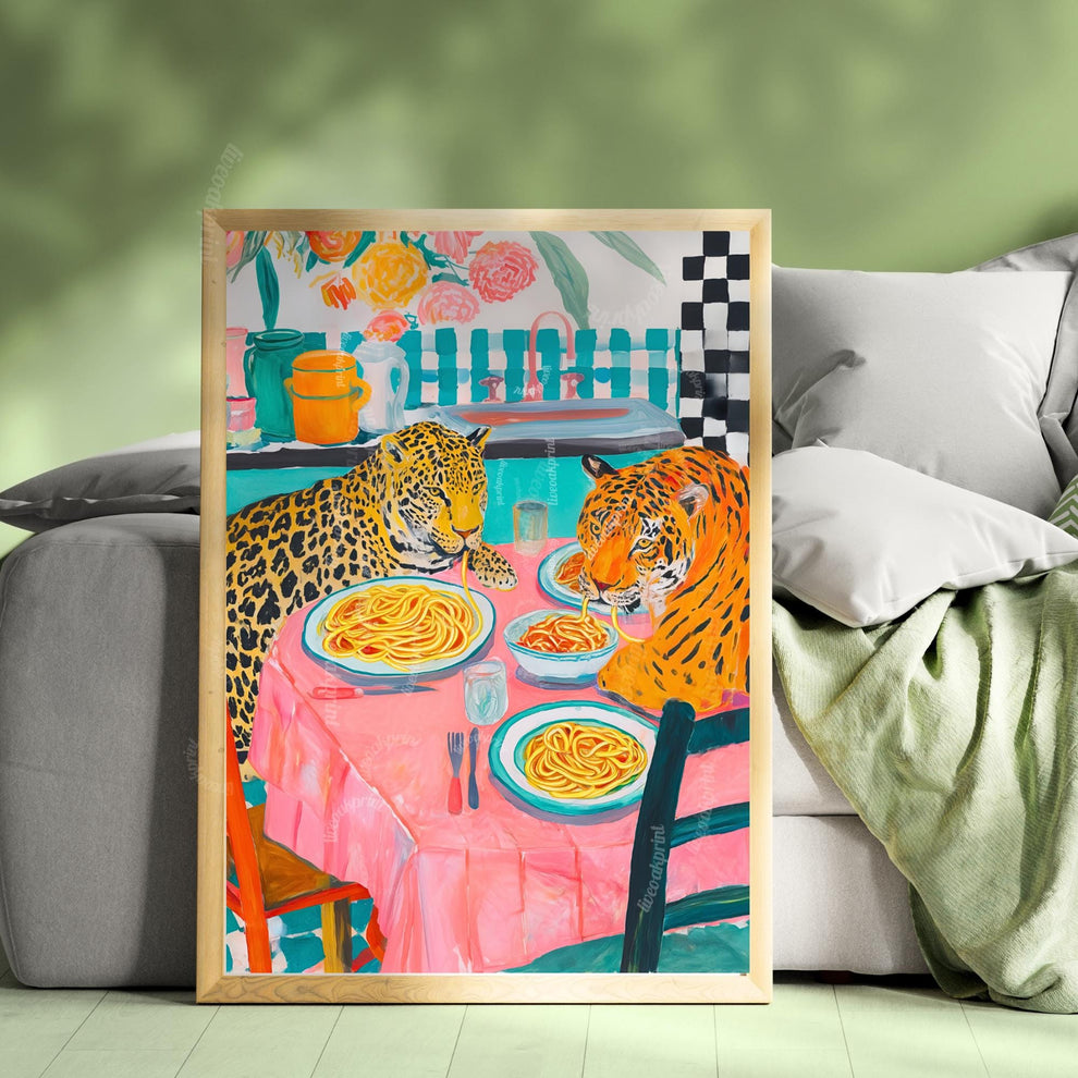 Tiger and Leopard Share Spaghetti Dinner - Big Cat Kitchen Print