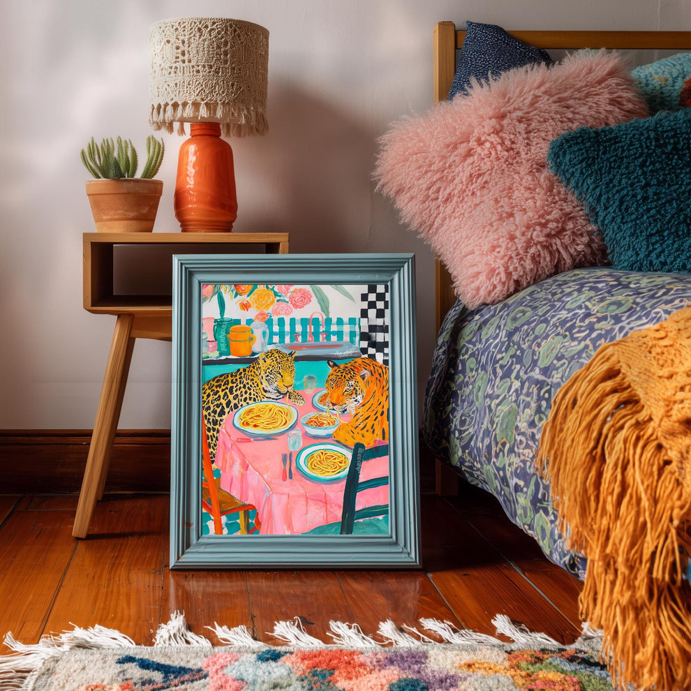 Tiger and Leopard Share Spaghetti Dinner - Big Cat Kitchen Print
