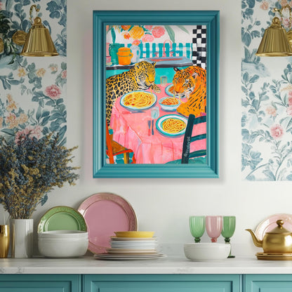 Tiger and Leopard Share Spaghetti Dinner - Big Cat Kitchen Print