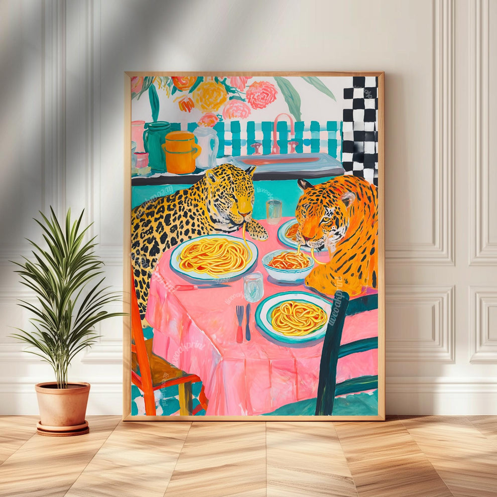 Tiger and Leopard Share Spaghetti Dinner - Big Cat Kitchen Print
