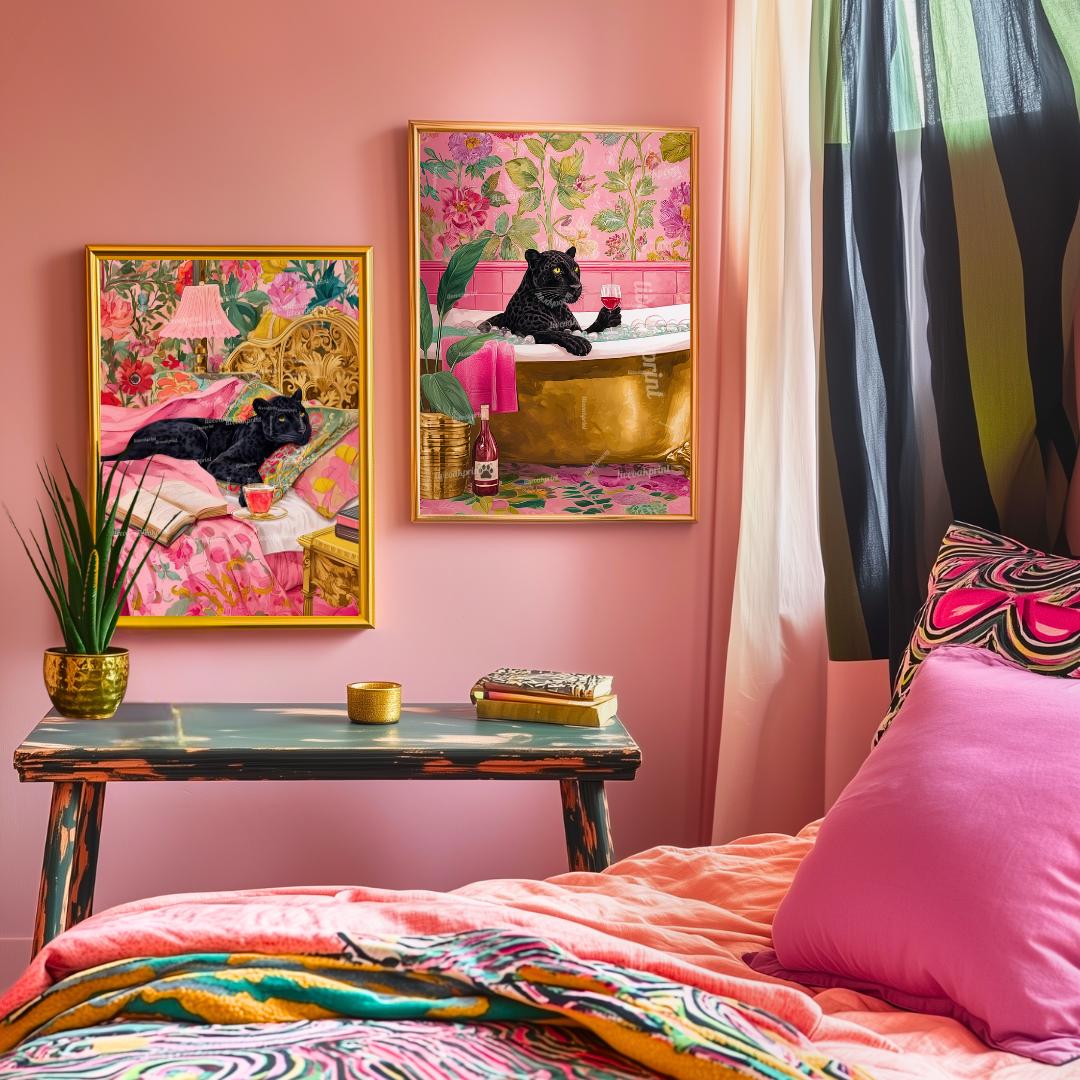Set of 2 Panther Wall Art Prints – Black Panther Bedroom and Bathroom Decor Pink Maximalist Dopamine Decor Big Cat Wall Art Set