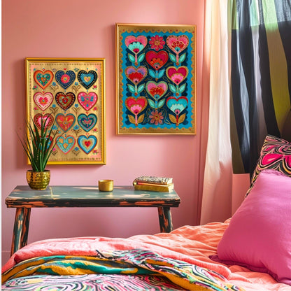 Folk Art Heart Wall Print – Colorful Sacred Hearts Artwork, Boho Gold Wall Art for Bedroom or Gallery Wall, Whimsical Romantic Decor