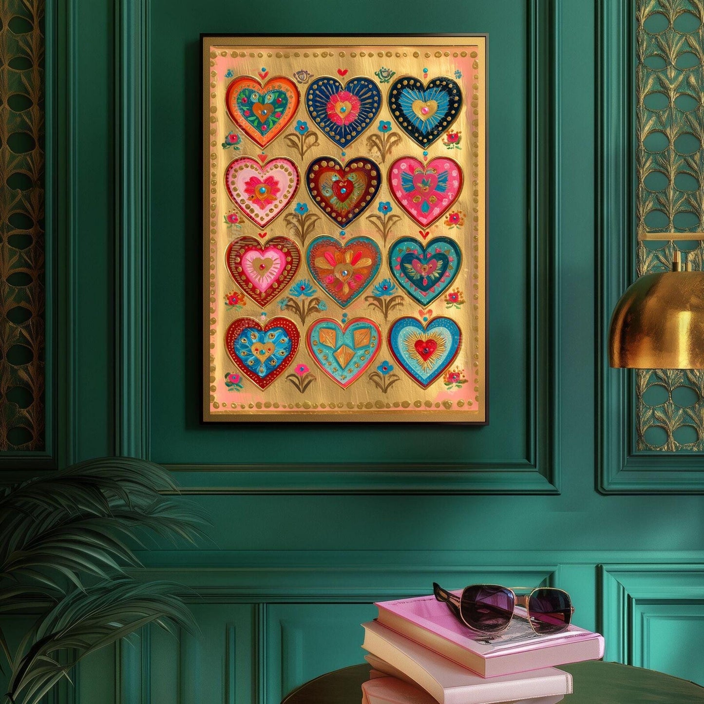 Folk Art Heart Wall Print – Colorful Sacred Hearts Artwork, Boho Gold Wall Art for Bedroom or Gallery Wall, Whimsical Romantic Decor