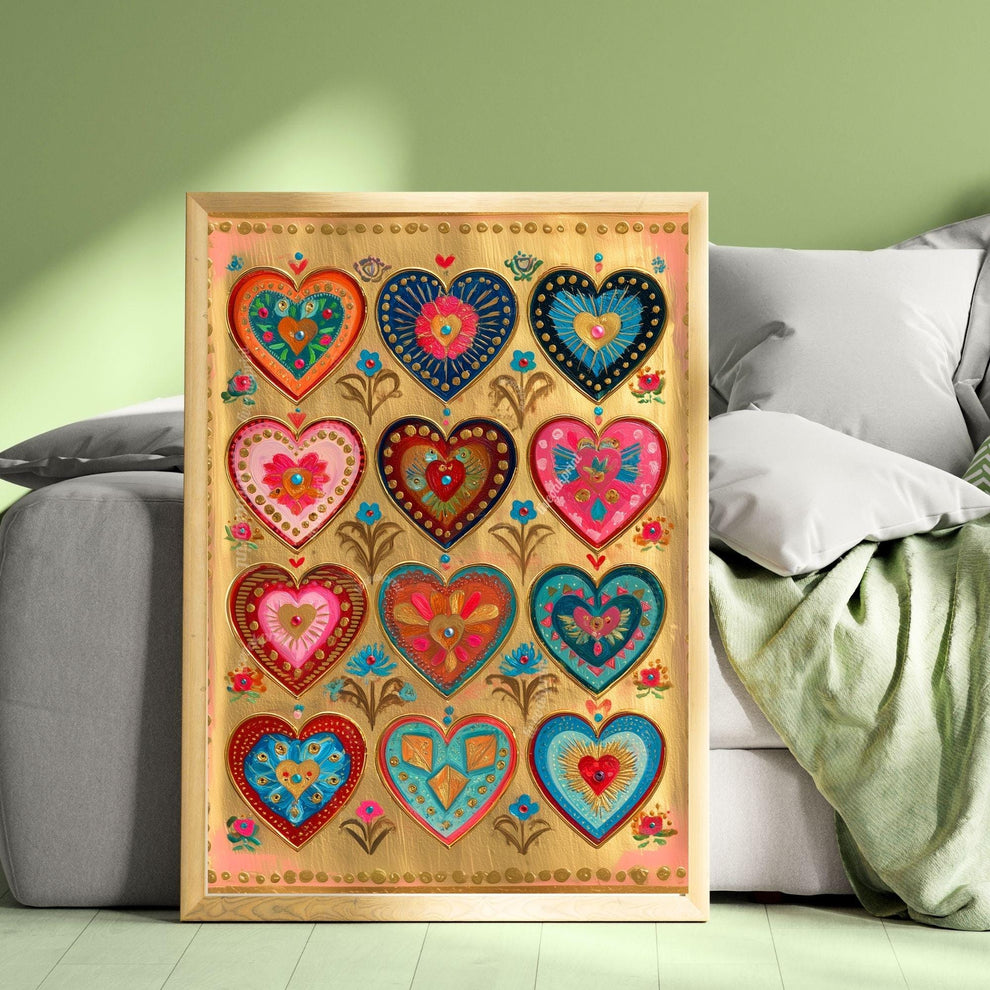 Folk Art Heart Wall Print – Colorful Sacred Hearts Artwork, Boho Gold Wall Art for Bedroom or Gallery Wall, Whimsical Romantic Decor