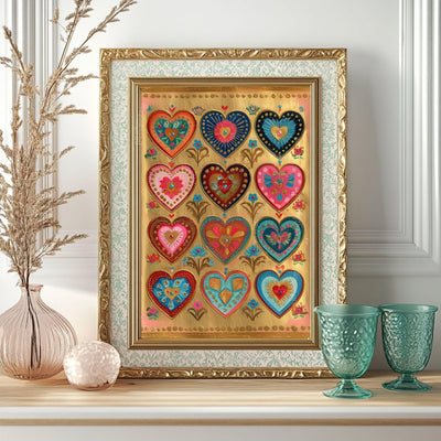 Folk Art Heart Wall Print – Colorful Sacred Hearts Artwork, Boho Gold Wall Art for Bedroom or Gallery Wall, Whimsical Romantic Decor