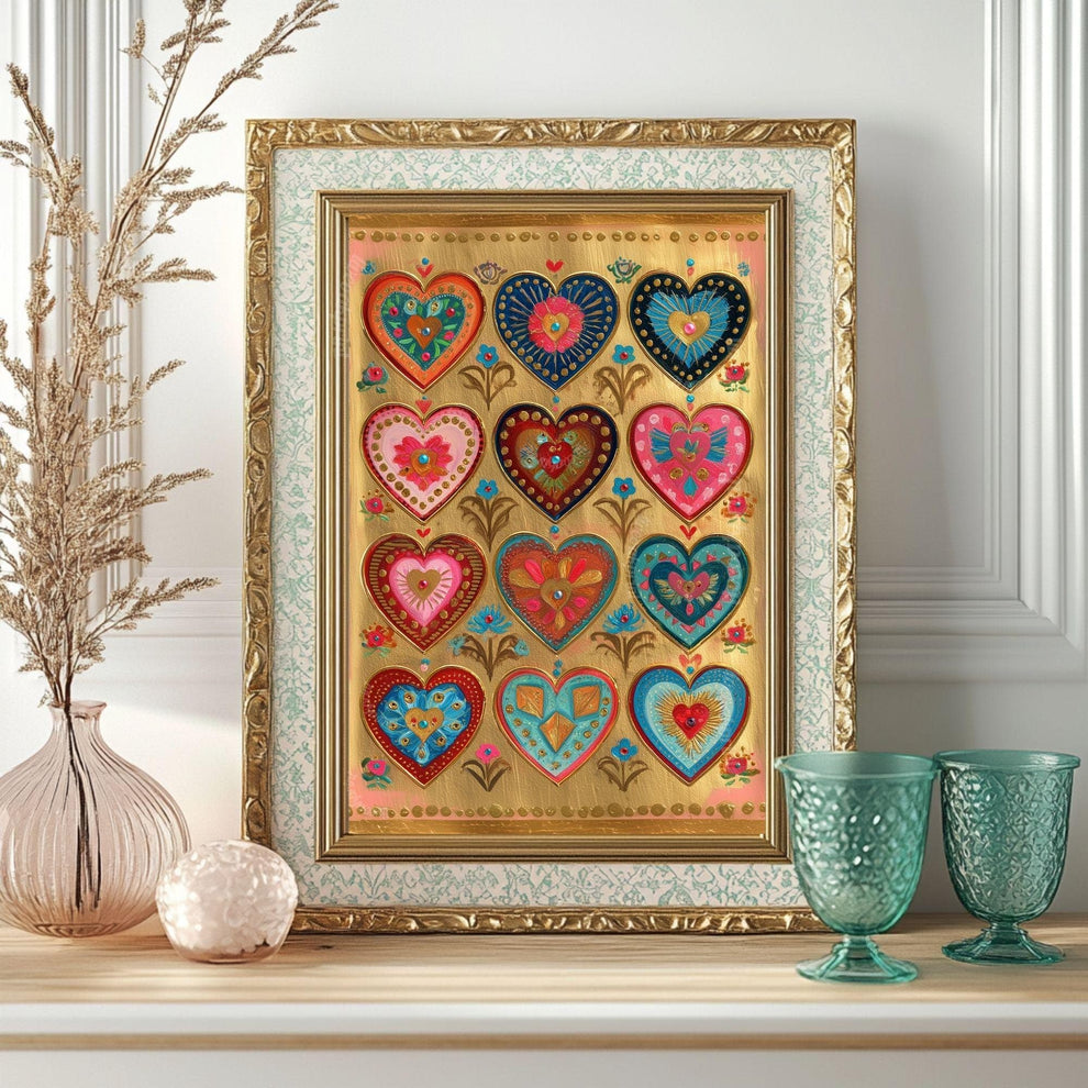 Folk Art Heart Wall Print – Colorful Sacred Hearts Artwork, Boho Gold Wall Art for Bedroom or Gallery Wall, Whimsical Romantic Decor