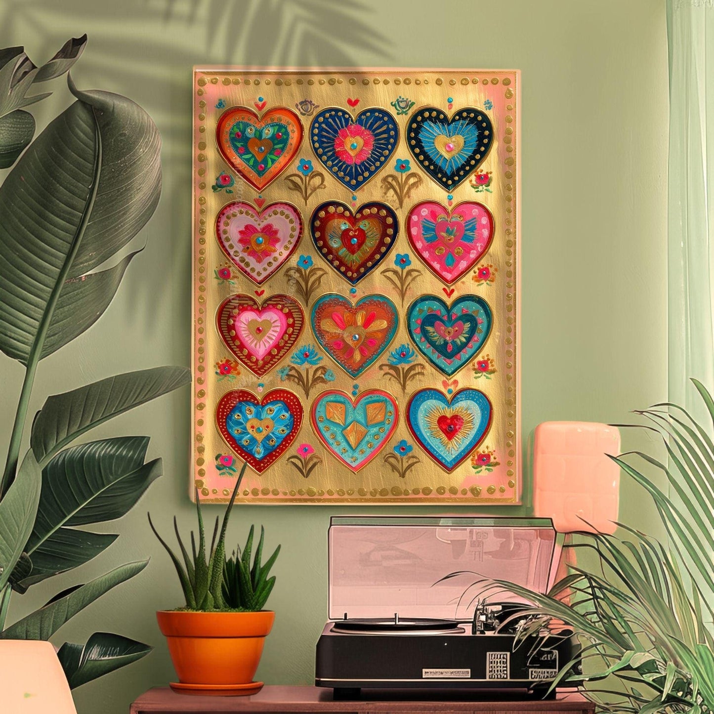 Folk Art Heart Wall Print – Colorful Sacred Hearts Artwork, Boho Gold Wall Art for Bedroom or Gallery Wall, Whimsical Romantic Decor