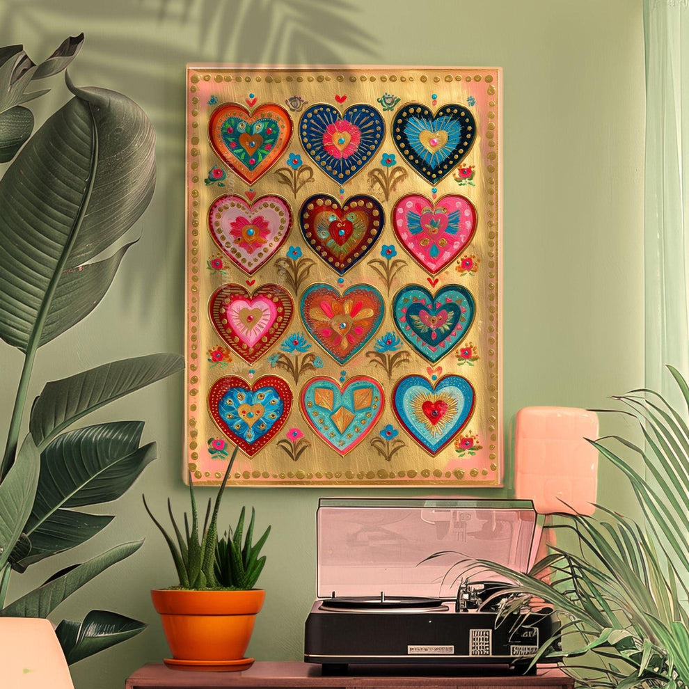 Folk Art Heart Wall Print – Colorful Sacred Hearts Artwork, Boho Gold Wall Art for Bedroom or Gallery Wall, Whimsical Romantic Decor