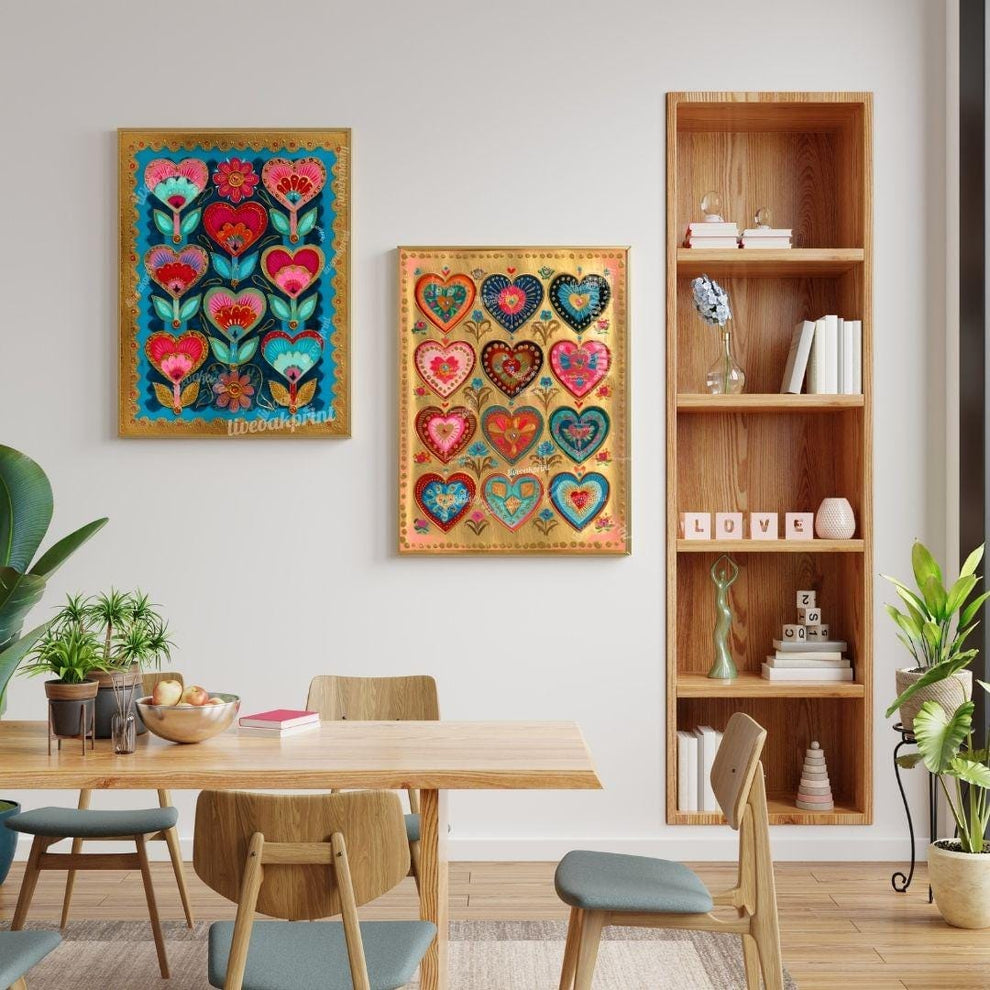 Sacred Folk Heart Wall Art Set – Vibrant Heart & Floral Prints – Bold Whimsical Art for Boho, Maximalist, or Eclectic Home Decor