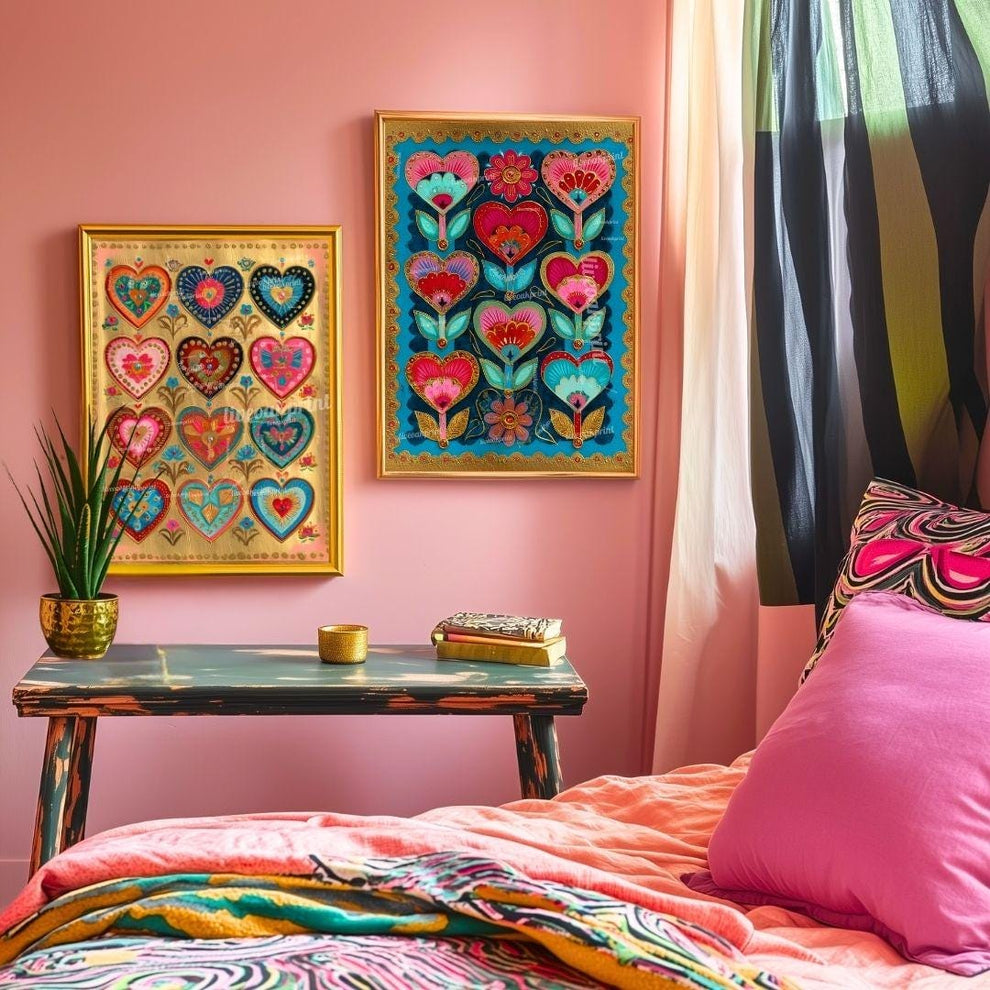 Sacred Folk Heart Wall Art Set – Vibrant Heart & Floral Prints – Bold Whimsical Art for Boho, Maximalist, or Eclectic Home Decor