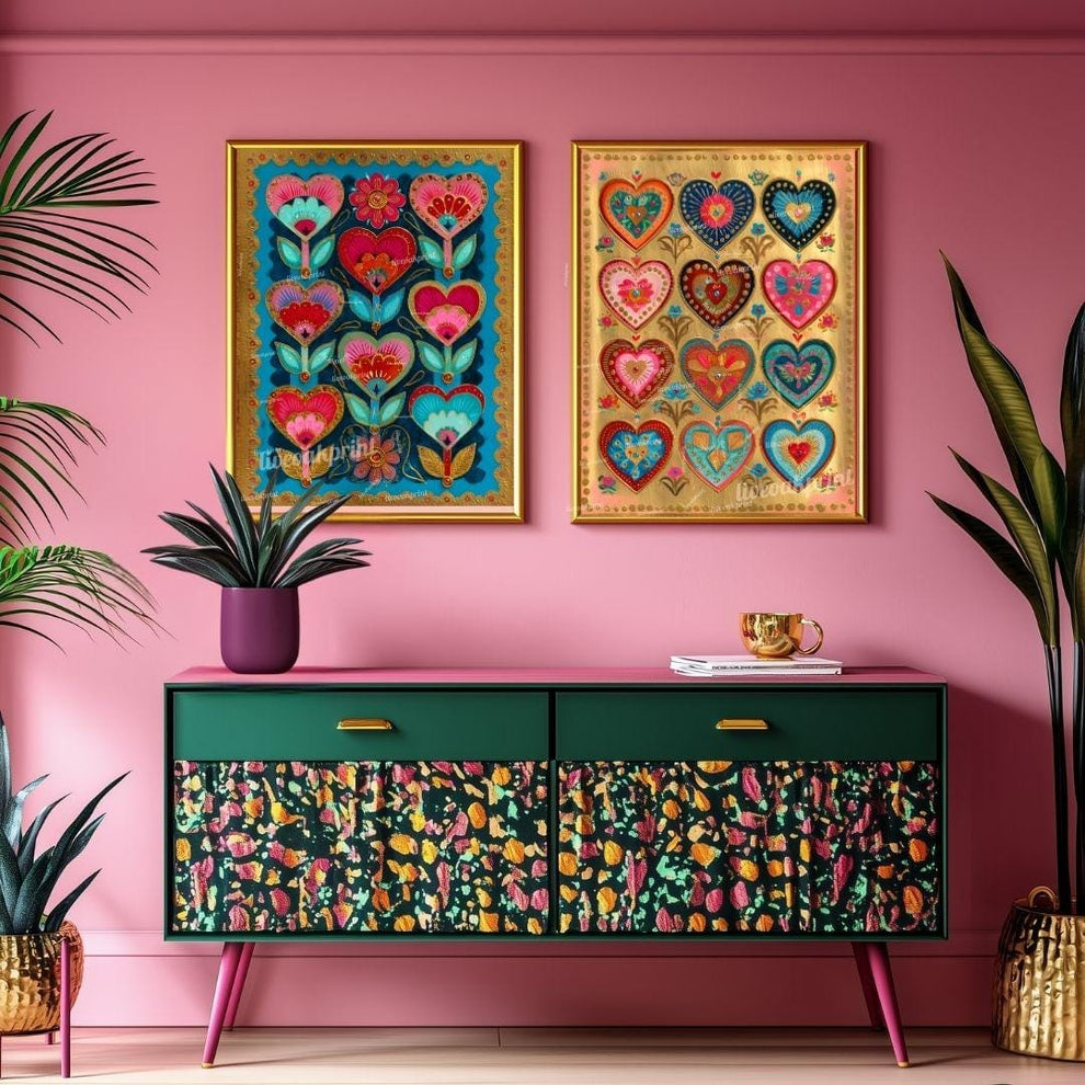 Sacred Folk Heart Wall Art Set – Vibrant Heart & Floral Prints – Bold Whimsical Art for Boho, Maximalist, or Eclectic Home Decor