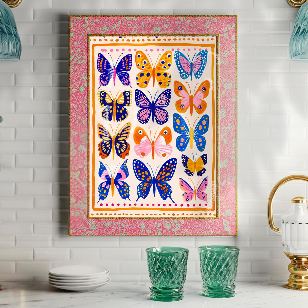 Orange Blue and Pink Butterflies Art Print – Boho Butterfly Print Whimsical Nature Decor Colorful Art Maximalist Gallery Wall Bedroom Decor