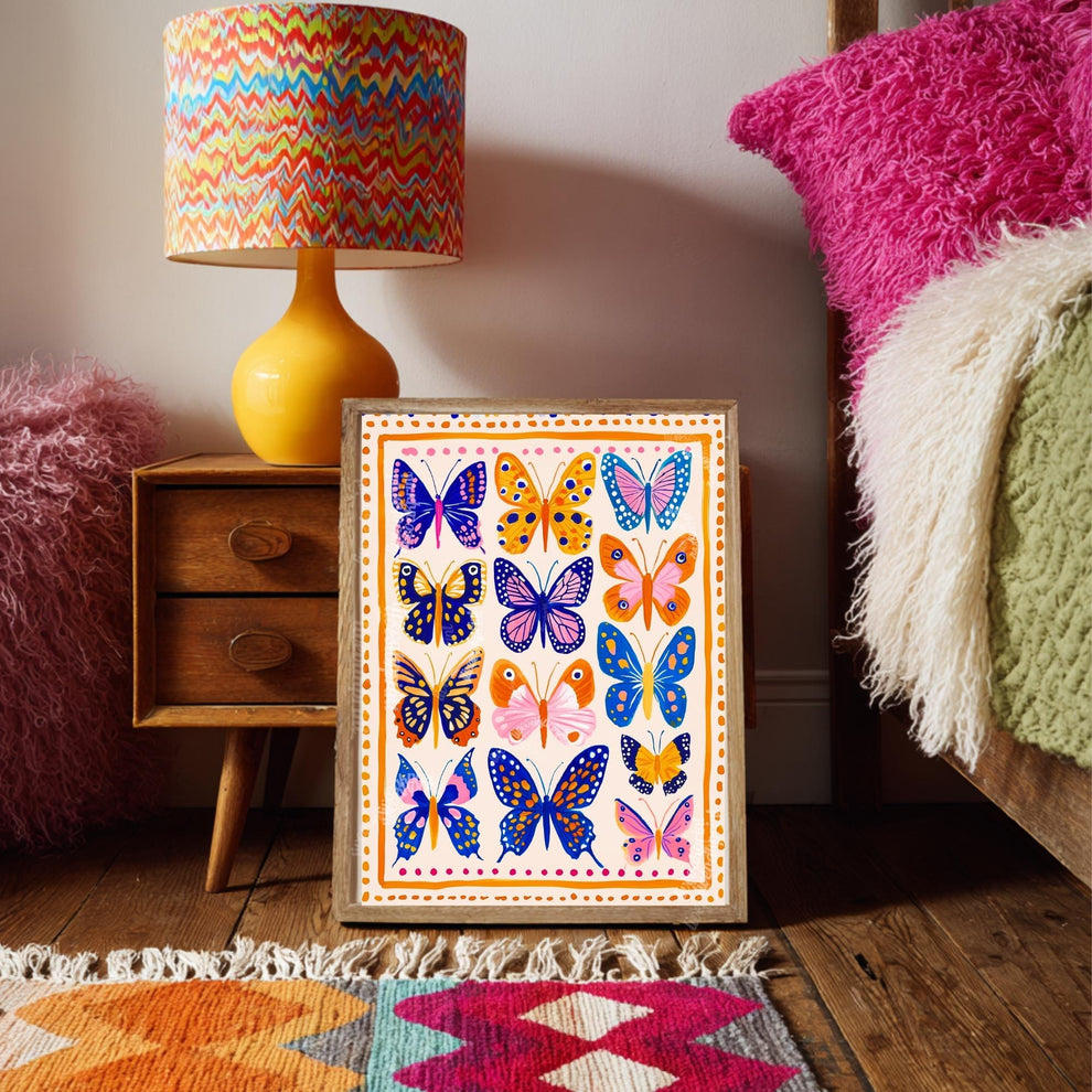 Orange Blue and Pink Butterflies Art Print – Boho Butterfly Print Whimsical Nature Decor Colorful Art Maximalist Gallery Wall Bedroom Decor