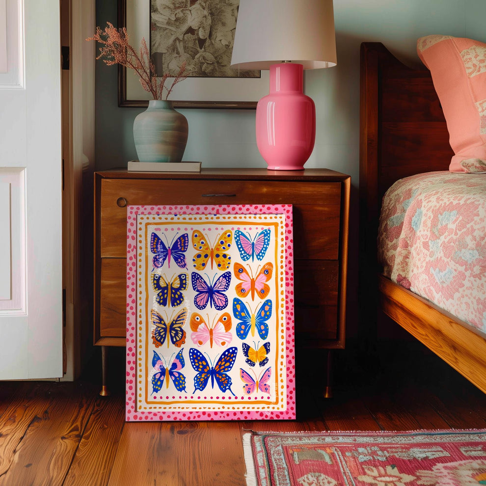Orange Blue and Pink Butterflies Art Print – Boho Butterfly Print Whimsical Nature Decor Colorful Art Maximalist Gallery Wall Bedroom Decor