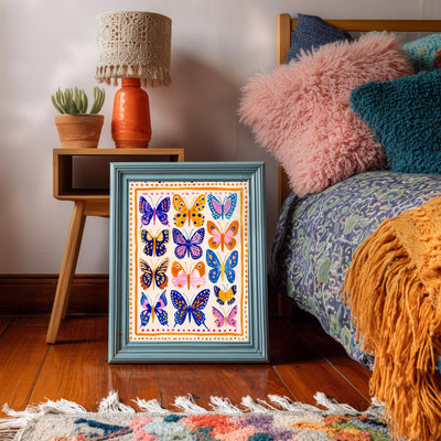 Orange Blue and Pink Butterflies Art Print – Boho Butterfly Print Whimsical Nature Decor Colorful Art Maximalist Gallery Wall Bedroom Decor
