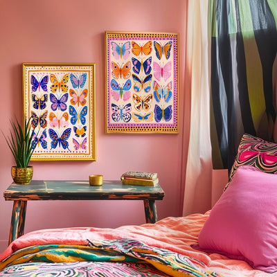 Set of 2 Colorful Butterfly Prints – Pink Orange and Blue Vibrant Butterfly Wall Art Whimsical Nature Decor Prints Maximalist Gallery Wall
