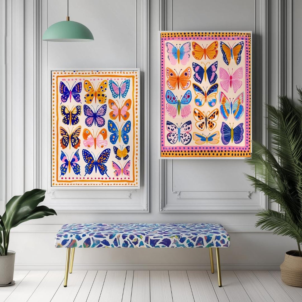 Set of 2 Colorful Butterfly Prints – Pink Orange and Blue Vibrant Butterfly Wall Art Whimsical Nature Decor Prints Maximalist Gallery Wall