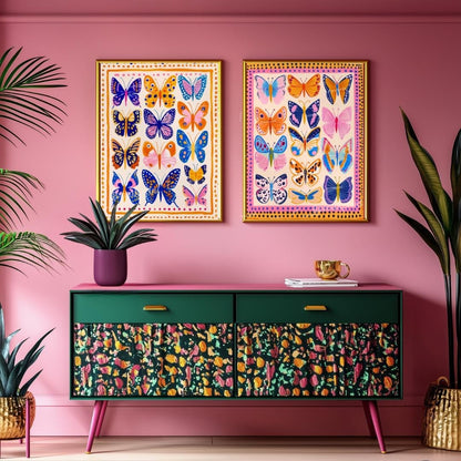 Set of 2 Colorful Butterfly Prints – Pink Orange and Blue Vibrant Butterfly Wall Art Whimsical Nature Decor Prints Maximalist Gallery Wall