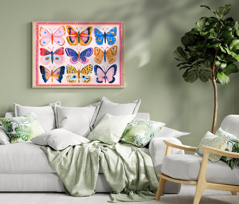Pink Butterflies Horizontal Print – Colorful Butterfly Wall Art Nature-Inspired Decor Maximalist Gallery Wall Dopamine Decor Over Desk Art