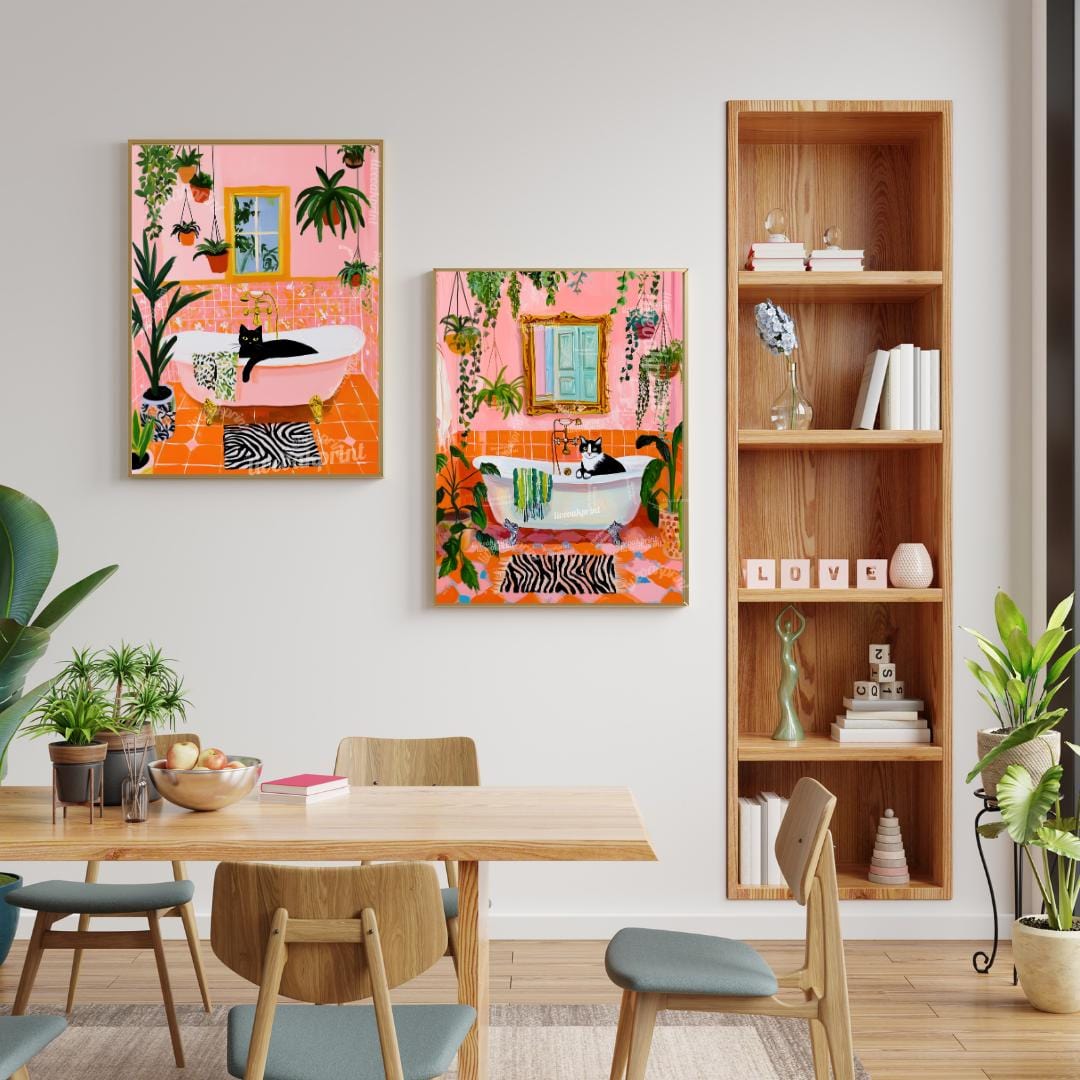 Cat in Bathtub Wall Art Set – Black Cat and Tuxedo Cat Art Whimsical Cat Lover Gift for Boho, Maximalist, or Eclectic Decor Orange and Pink
