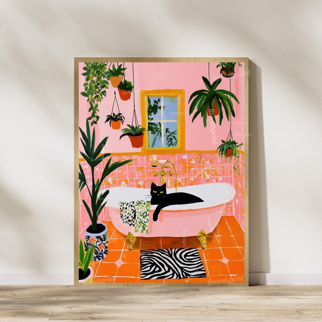 Cat in Bathtub Wall Art Set – Black Cat and Tuxedo Cat Art Whimsical Cat Lover Gift for Boho, Maximalist, or Eclectic Decor Orange and Pink