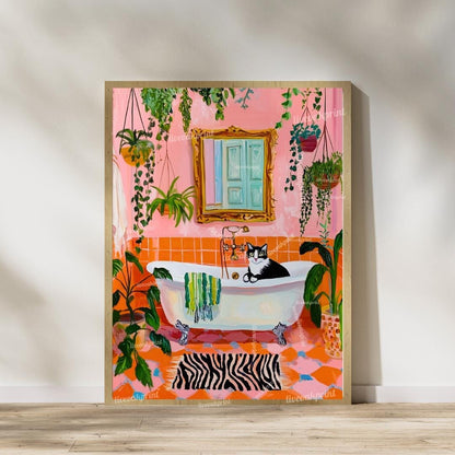Cat in Bathtub Wall Art Set – Black Cat and Tuxedo Cat Art Whimsical Cat Lover Gift for Boho, Maximalist, or Eclectic Decor Orange and Pink