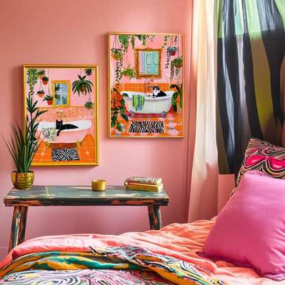 Cat in Bathtub Wall Art Set – Black Cat and Tuxedo Cat Art Whimsical Cat Lover Gift for Boho, Maximalist, or Eclectic Decor Orange and Pink