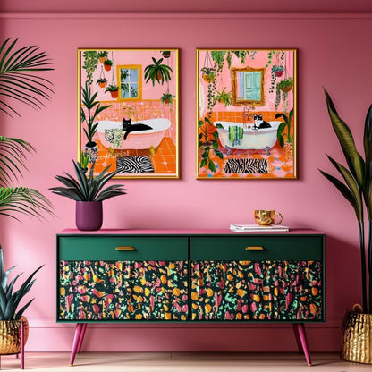 Cat in Bathtub Wall Art Set – Black Cat and Tuxedo Cat Art Whimsical Cat Lover Gift for Boho, Maximalist, or Eclectic Decor Orange and Pink
