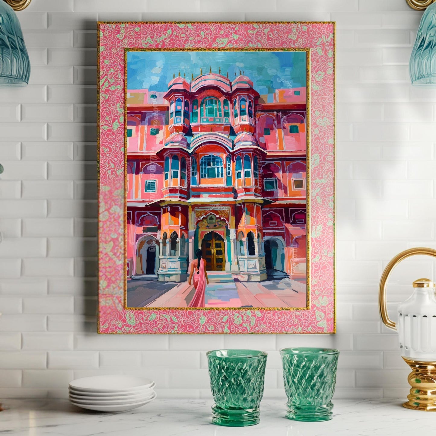 Jaipur Palace Wall Art – Vibrant Pink Indian Architecture Print with Woman in Sari – Colorful Travel-Inspired Palace Artwork