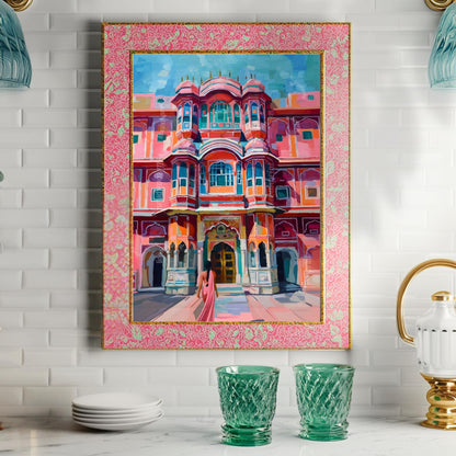 Jaipur Palace Wall Art – Vibrant Pink Indian Architecture Print with Woman in Sari – Colorful Travel-Inspired Palace Artwork