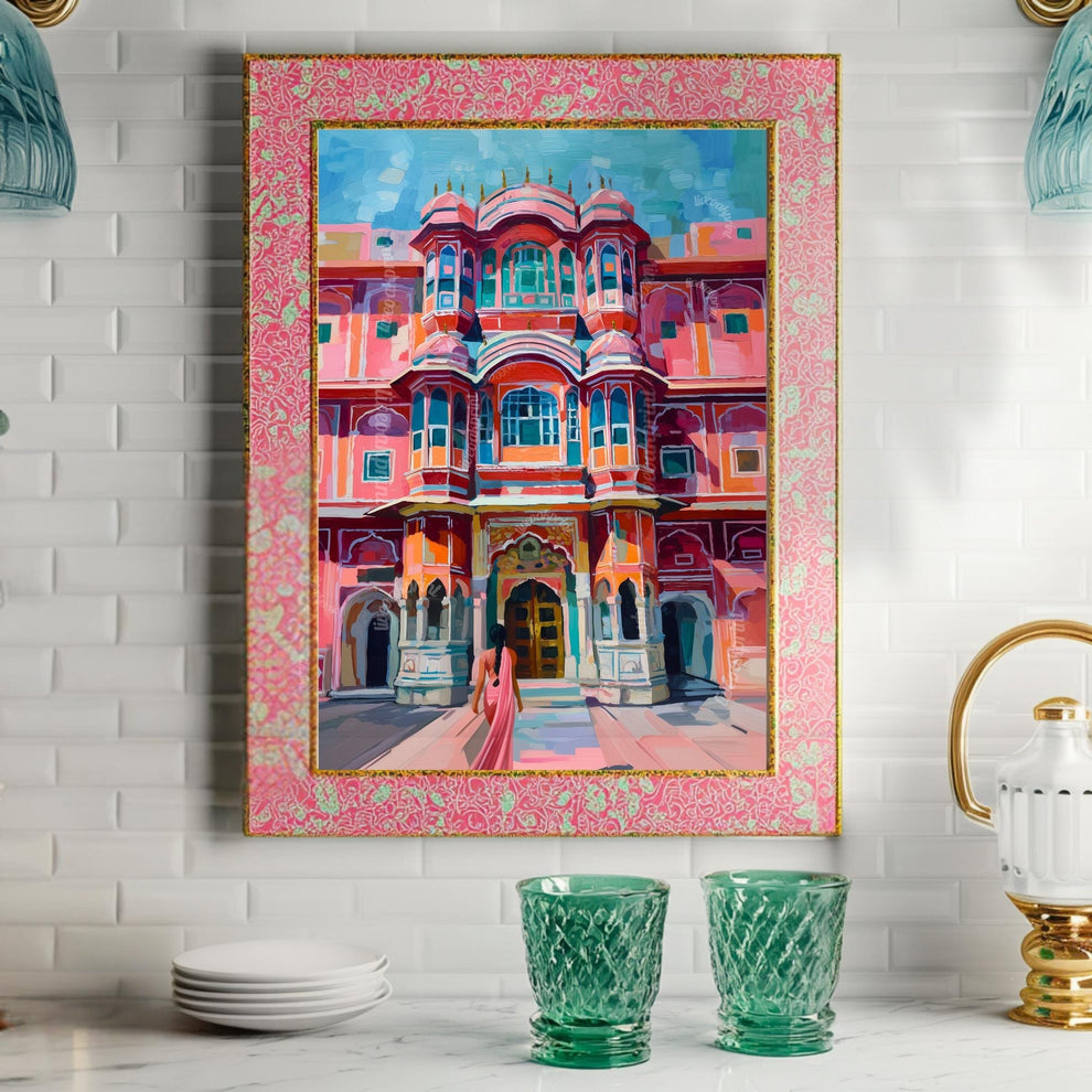 Jaipur Palace Wall Art – Vibrant Pink Indian Architecture Print with Woman in Sari – Colorful Travel-Inspired Palace Artwork