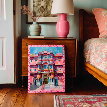 Jaipur Palace Wall Art – Vibrant Pink Indian Architecture Print with Woman in Sari – Colorful Travel-Inspired Palace Artwork