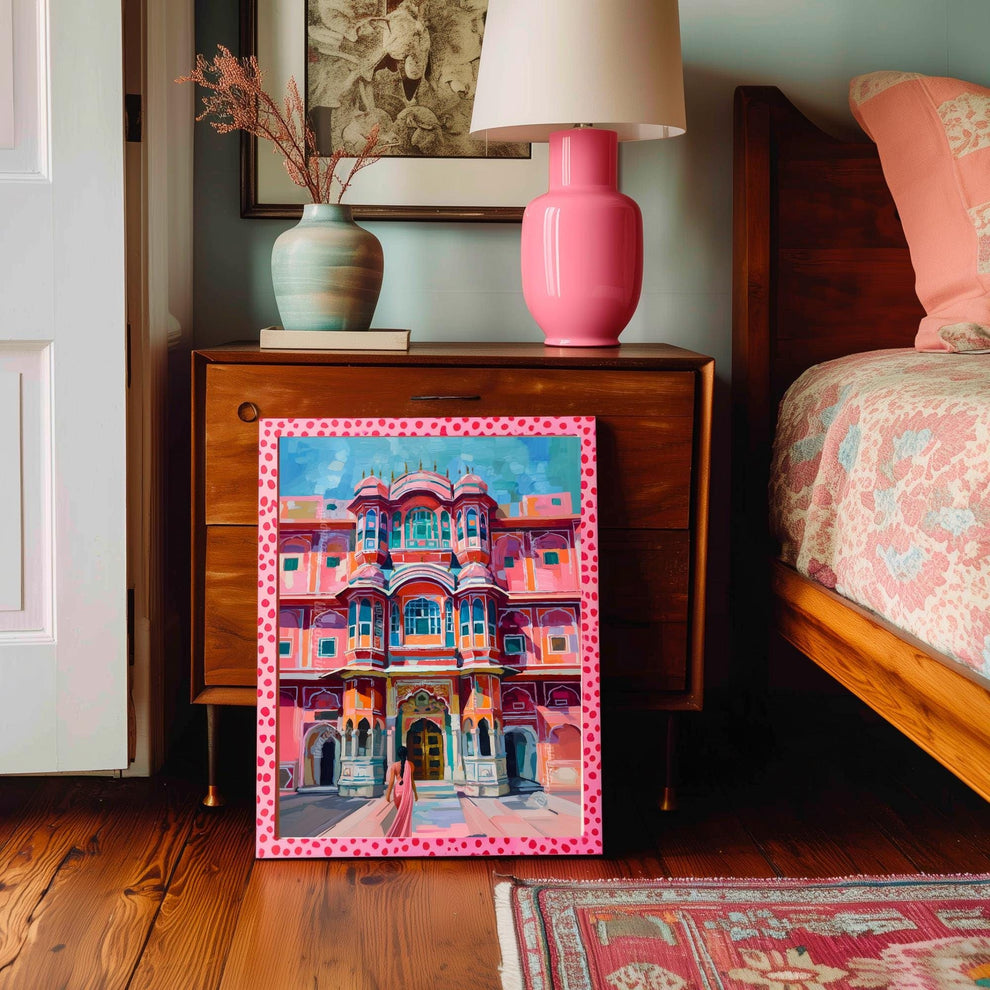 Jaipur Palace Wall Art – Vibrant Pink Indian Architecture Print with Woman in Sari – Colorful Travel-Inspired Palace Artwork