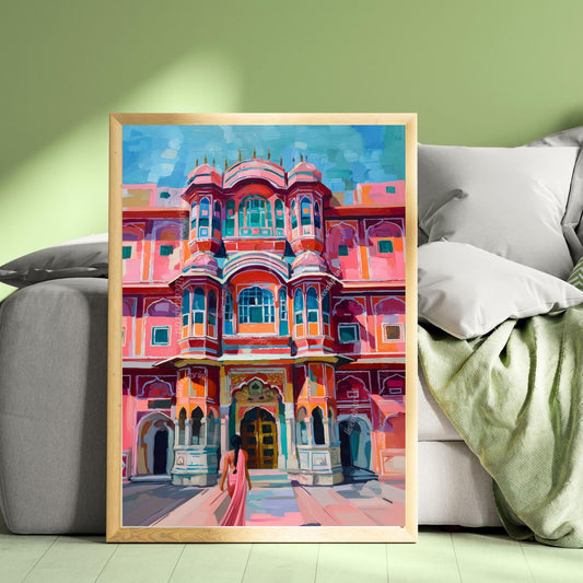 Jaipur Palace Wall Art – Vibrant Pink Indian Architecture Print with Woman in Sari – Colorful Travel-Inspired Palace Artwork