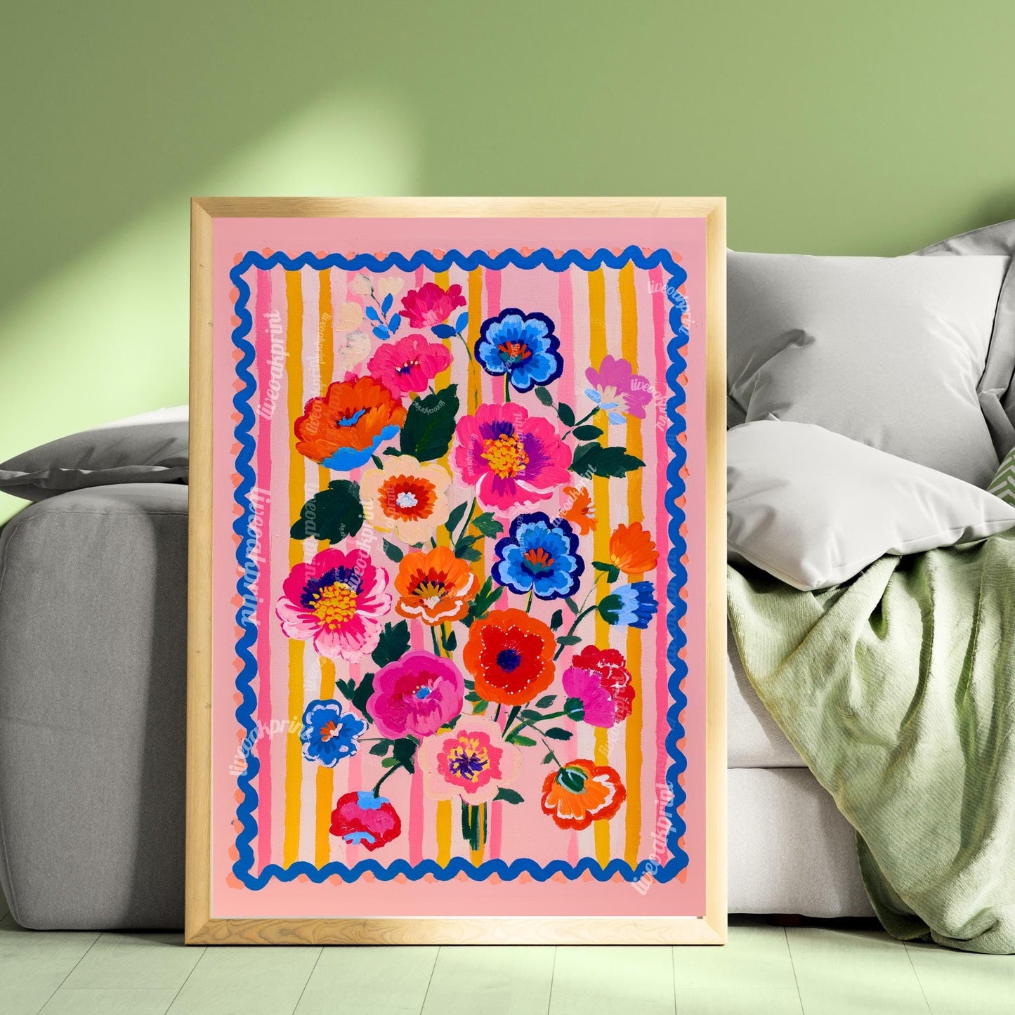 Bold Folk Floral Wall Art – Colorful Maximalist Flower Print with Pink, Blue & Orange – Bright Retro Poster for Bedroom or Living Room Decor