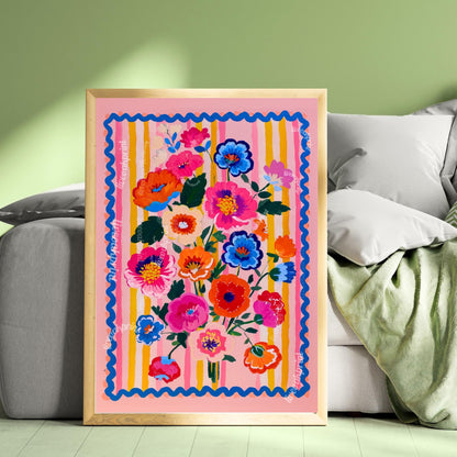Bold Folk Floral Wall Art – Colorful Maximalist Flower Print with Pink, Blue & Orange – Bright Retro Poster for Bedroom or Living Room Decor