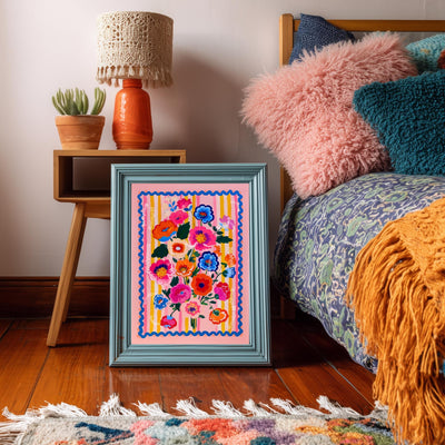Bold Folk Floral Wall Art – Colorful Maximalist Flower Print with Pink, Blue & Orange – Bright Retro Poster for Bedroom or Living Room Decor