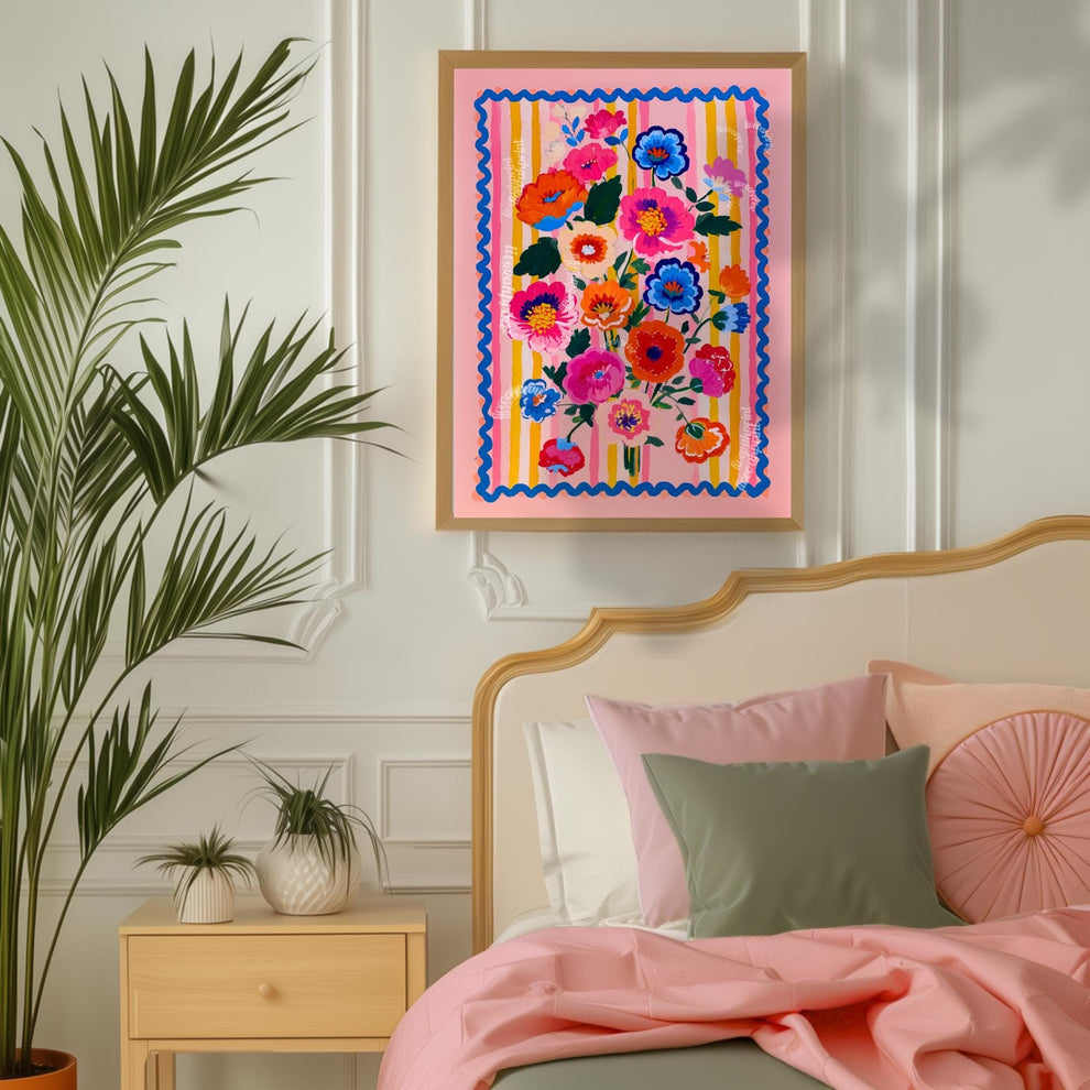 Bold Folk Floral Wall Art – Colorful Maximalist Flower Print with Pink, Blue & Orange – Bright Retro Poster for Bedroom or Living Room Decor