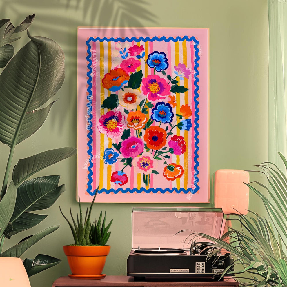 Bold Folk Floral Wall Art – Colorful Maximalist Flower Print with Pink, Blue & Orange – Bright Retro Poster for Bedroom or Living Room Decor