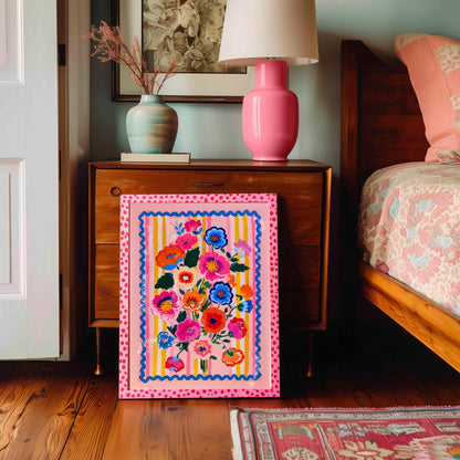 Bold Folk Floral Wall Art – Colorful Maximalist Flower Print with Pink, Blue & Orange – Bright Retro Poster for Bedroom or Living Room Decor