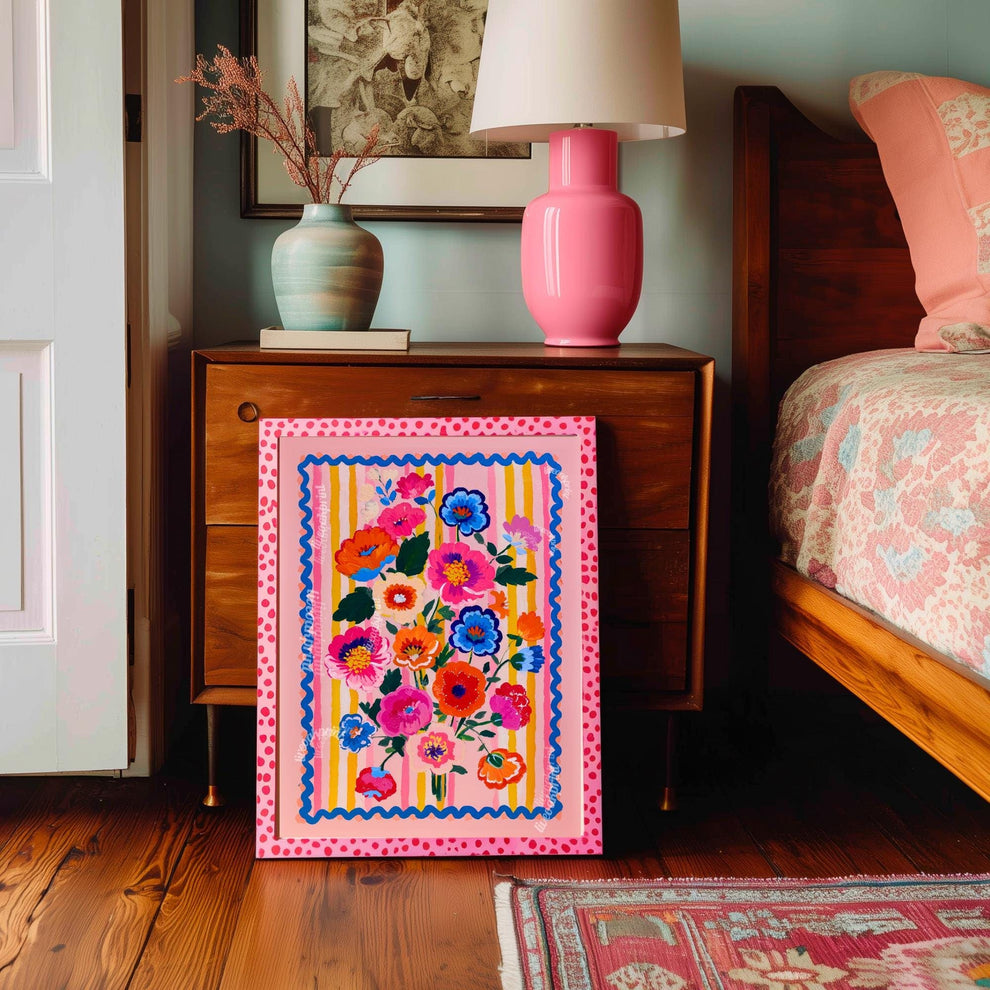 Bold Folk Floral Wall Art – Colorful Maximalist Flower Print with Pink, Blue & Orange – Bright Retro Poster for Bedroom or Living Room Decor