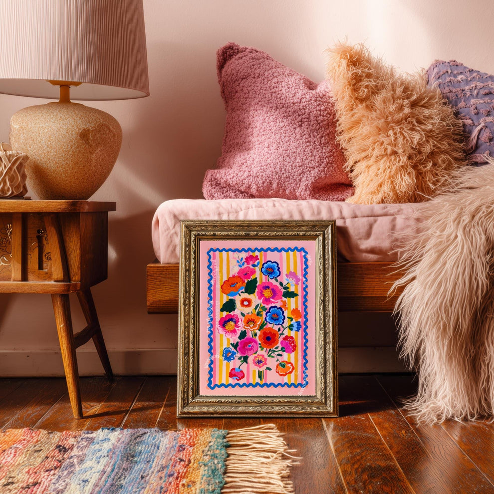 Bold Folk Floral Wall Art – Colorful Maximalist Flower Print with Pink, Blue & Orange – Bright Retro Poster for Bedroom or Living Room Decor