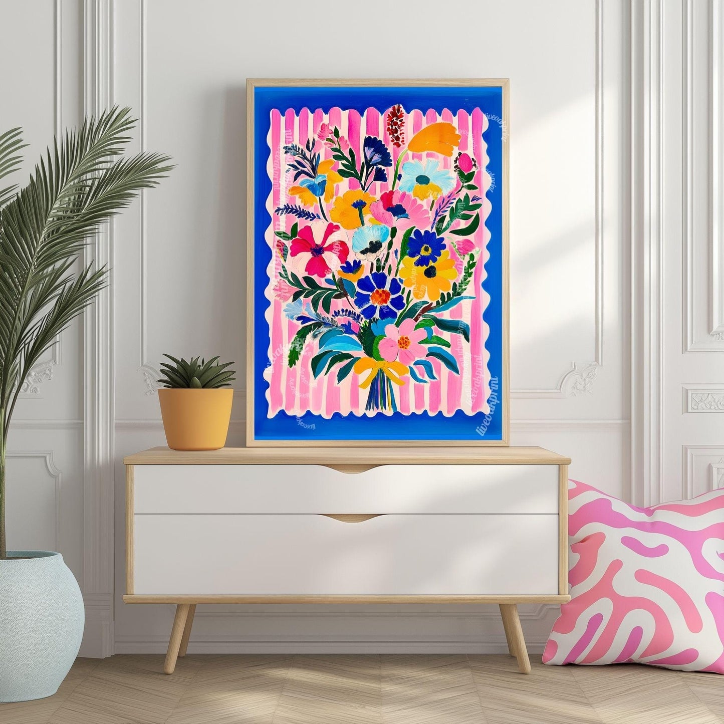 Bold Bright Floral Bouquet Wall Art – Colorful Flower Poster with Pink Stripes & Blue Border – Cheerful Art Print for Living Room