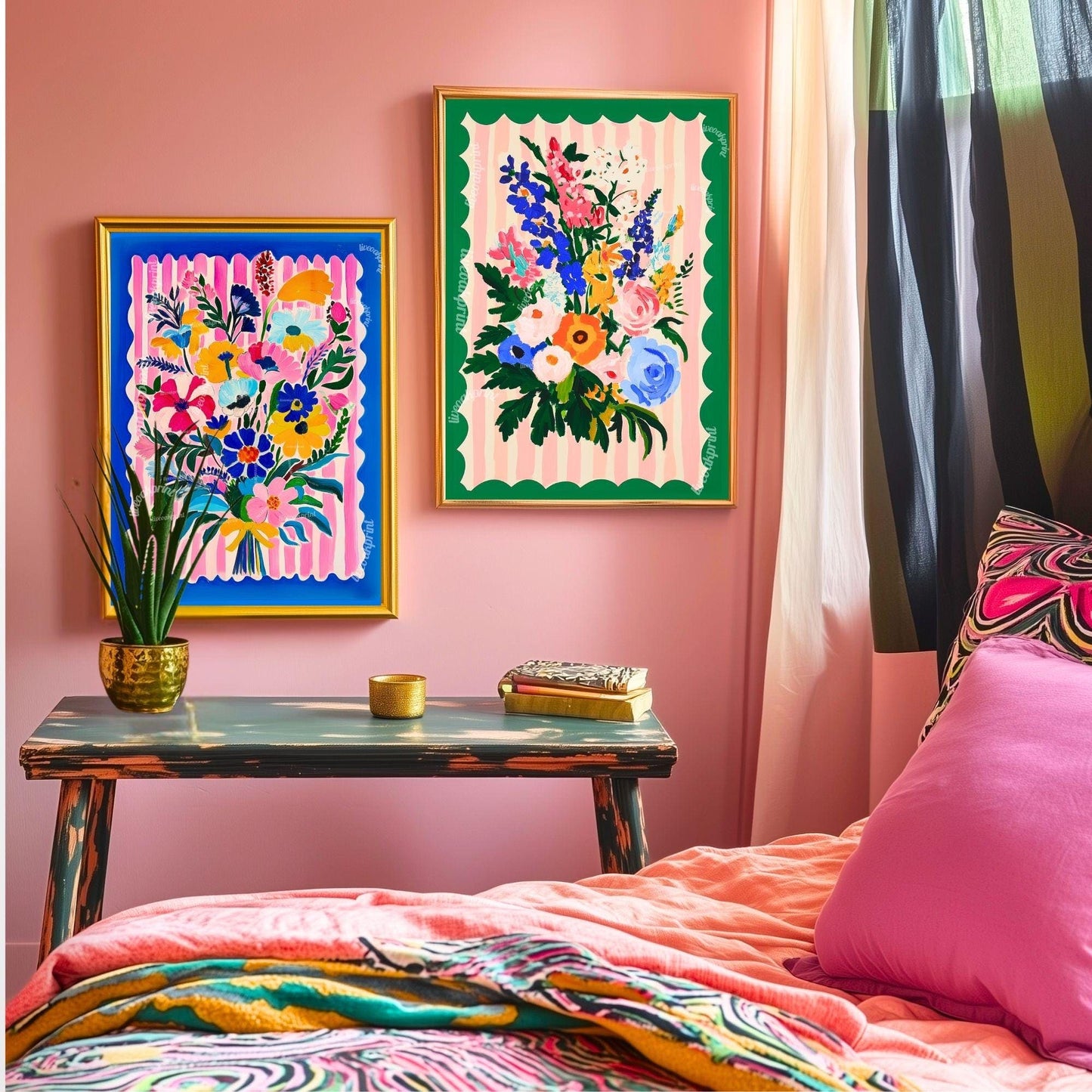 Bold Bright Floral Bouquet Wall Art – Colorful Flower Poster with Pink Stripes & Blue Border – Cheerful Art Print for Living Room