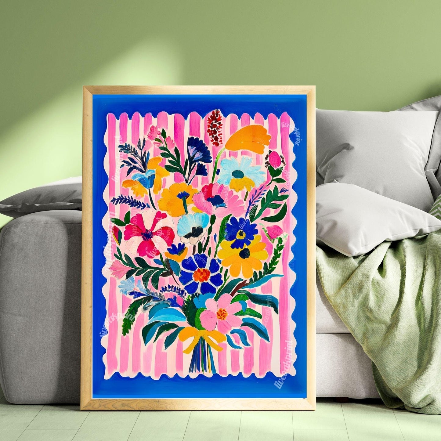 Bold Bright Floral Bouquet Wall Art – Colorful Flower Poster with Pink Stripes & Blue Border – Cheerful Art Print for Living Room