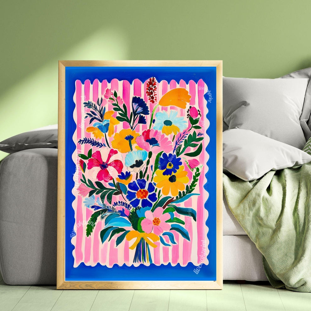 Bold Bright Floral Bouquet Wall Art – Colorful Flower Poster with Pink Stripes & Blue Border – Cheerful Art Print for Living Room